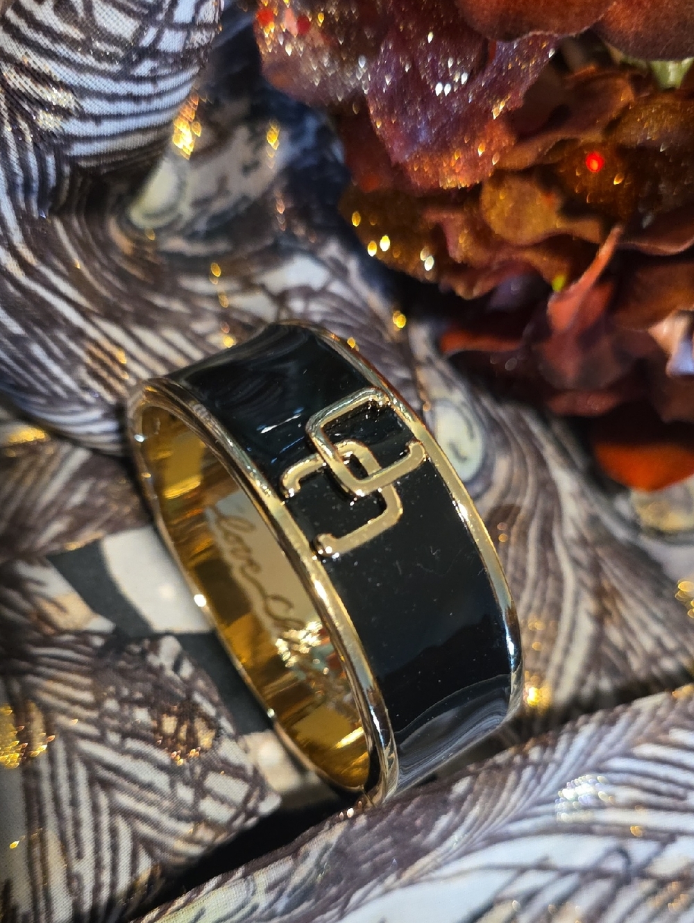 Gold and Black Enamel Bangle Bracelet